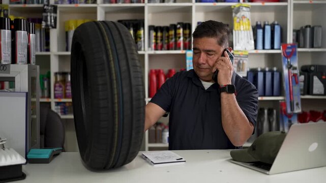 Mature salesman talking on a smartphone behind counter with car tire in automotive store