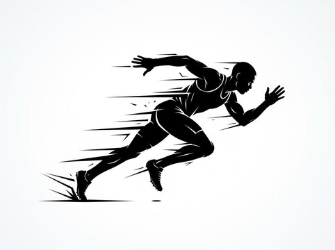 Black and white silhouette of a sprinter running at high speed.