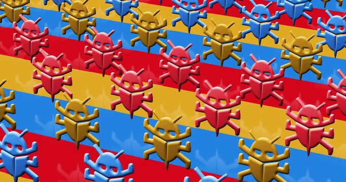 Computer bug cyber attack and security error multiple 3d symbol looped and seamless object pattern animation