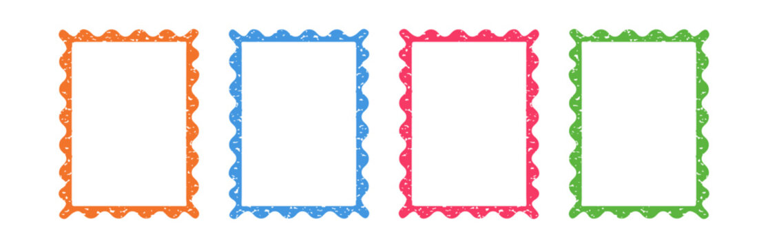 Crayon wavy border, scallop rectangle frame. Colorful chalk kid square, retro picture. Retro pastel text box wave edge, grunge stamp icon isolated on white bg. Pencil badge set. Vector illustration