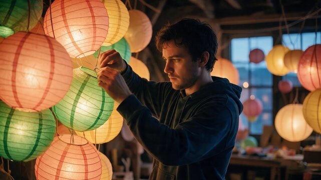 Person arranging glowing colorful paper lanterns at night for cultural festival and leisure marketing scenes.