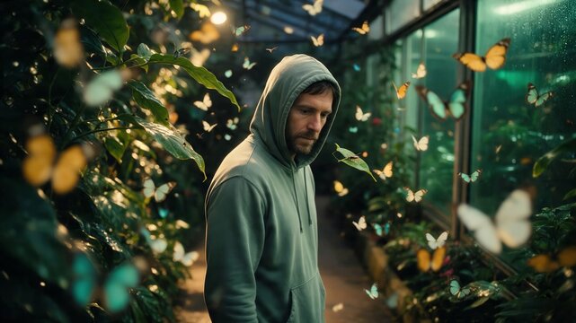 Young adult in a hoodie surrounded by leafy plants and butterflies for nature lifestyle editorial use.