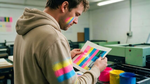 Man comparing colorful print swatches in a production studio for graphic design and branding workflow scenes.