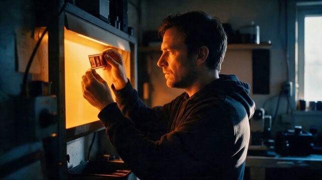 Designer working on a glowing digital screen in a dim workshop for technology and creative industry advertising.
