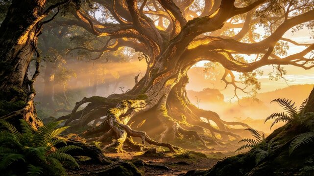 Ancient twisting tree with glowing golden light and exposed roots for fantasy environment and editorial illustration.