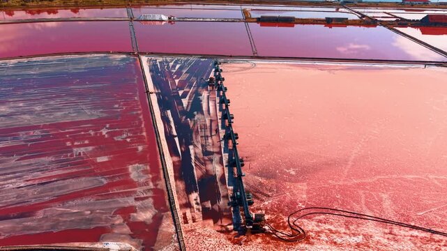 Long mining conveyor traversing pink salt evaporation pool. Drone overhead reveals agricultural machinery gathering white crystals and exposing dark soil.