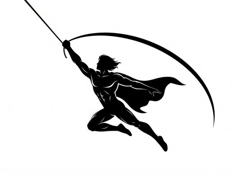 Silhouette of a superhero flying with a cape and sword.