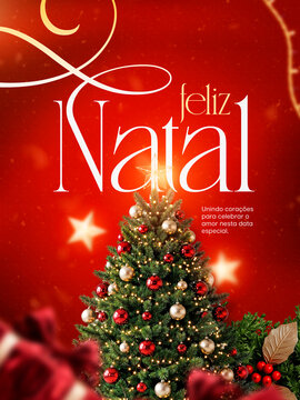 Feliz Natal &Aacute;rvore Bolas Vermelhas Douradas Post Card Insta Template Banner