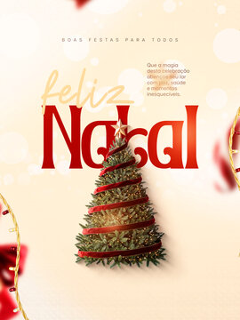 Feliz Natal &aacute;rvore decorada com fitas vermelhas Post Card Insta Template Banner