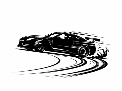 Black and white illustration of a sports car drifting on a race track.