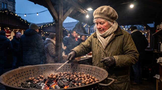Senior woman vendor roasting chestnuts over hot charcoal in a large perforated pan at an outdoor festive Christmas market during evening