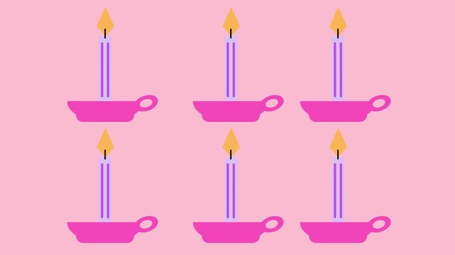 Six Candles with Orange Flames on Pink Candle Holders on Light Pink Background