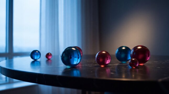 data visualization techniques, colorful glass spheres glide over a black marble table, embodying sentiment analysis