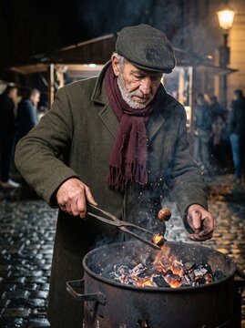 Elderly man in a flat cap and wool coat roasting chestnuts over glowing coals with metal tongs at a bustling outdoor winter night market
