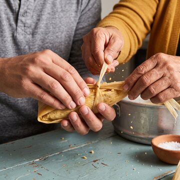 Close-up of two people working together to tie a homemade tamale in a corn husk over a rustic wooden kitchen table