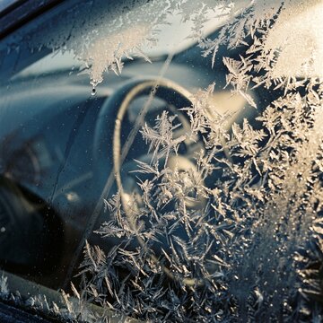 Intricate frost patterns and ice crystals formed on a frozen car window with the steering wheel blurred in the background illuminated by morning sunlight
