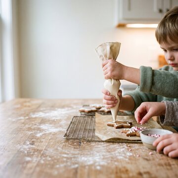 Young children decorating homemade star-shaped gingerbread cookies with white icing from a piping bag and crushed peppermint candy on a rustic wooden kitchen table