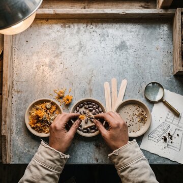 Overhead view of gardener hands sorting seeds and dried marigold flowers on a rustic metal workbench with bowls and a magnifying glass