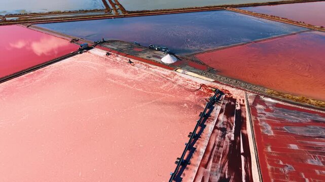 Aerial view of colorful salt evaporation ponds. High angle shot of salt evaporation ponds in various shades of pink, blue, and brown. Machinery is visible on the dikes.