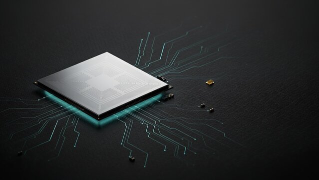 Microprocessor chip with glowing circuit lines isolated on black background for high-tech computing and hardware engineering