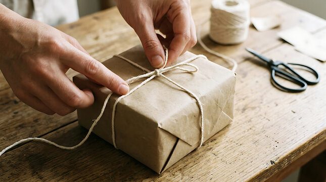Hands tie a simple twine knot around a kraft paper wrapped gift box on a wooden table.