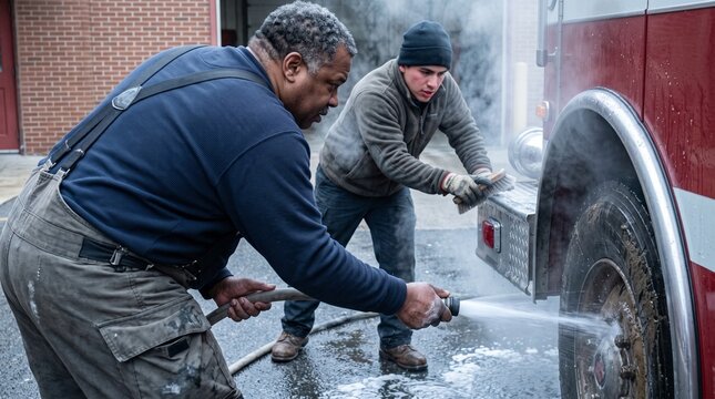 Two male firefighters working together to wash and scrub mud off the wheels of a fire truck outside the station