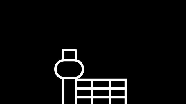 Animated white line icon of an airplane flying over an airport control tower building on a black background. Ideal for travel, aviation, and flight motion design.