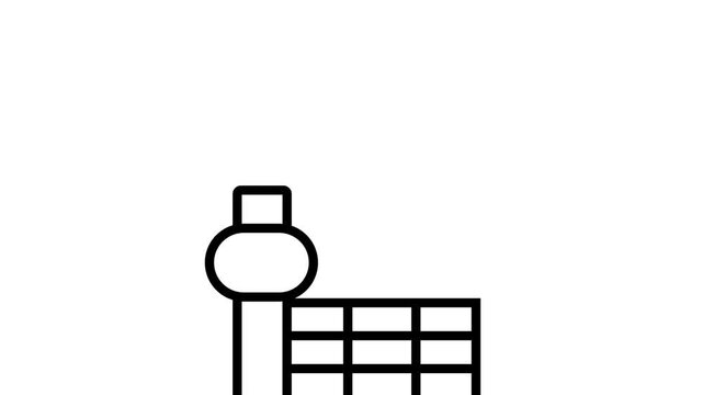 Minimalist black line icon animation of a plane flying past an airport control tower on a white background. Perfect for simple travel, airline, and navigation designs.