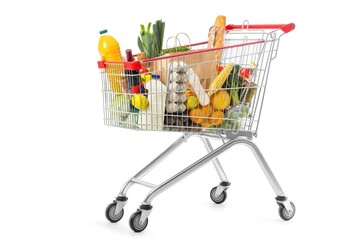 Metal shopping cart filled with fresh groceries and packaged products against white background © Sajida
