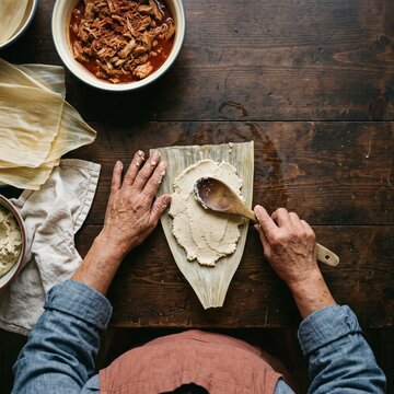 Overhead view of a senior woman spreading masa dough onto a corn husk with a wooden spoon while preparing traditional homemade Mexican tamales