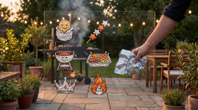 Hand crinkling holographic foil behind a glass board displaying barbecue grill, roast chicken, kebabs, and fire illustrations for an outdoor Lunar New Year family feast