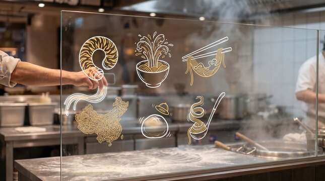 Chef hand drawing glowing longevity noodles on a glass partition in a steaming kitchen with illustrations of tiger stripes, chopsticks, steamed bun, and soup ladle