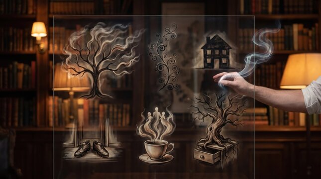 Hand drawing swirling smoke and soot art on a glass board in a cozy library featuring a family tree, steaming teacup, ancestral home, and shoes for Lunar New Year reunion