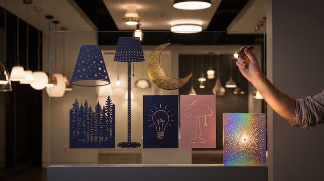 Hand shining a mini flashlight behind a glass board in a lighting showroom with glowing perforated paper illustrations of a crescent moon, starry lampshades, and forest