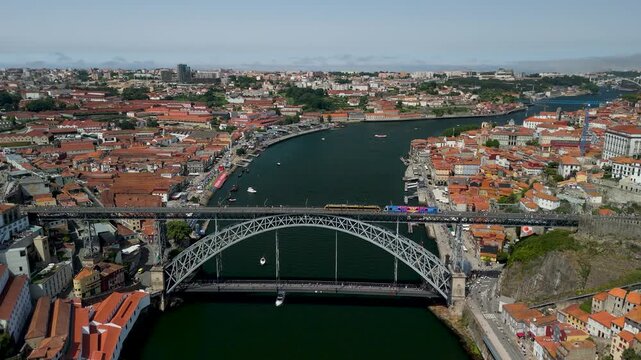 Aerial Panorama of Porto's Double-Deck Bridge over the Douro