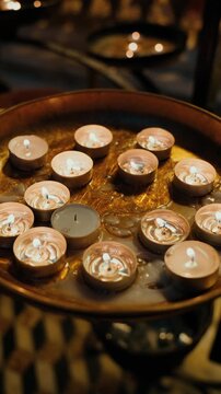 Small votive candles lit for offerings in a Christian church in Naples