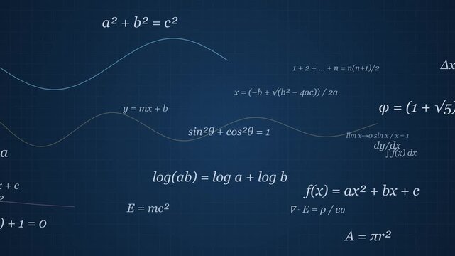 Math formulas and equations drifting in layers over a blue chalkboard grid with plotted curves