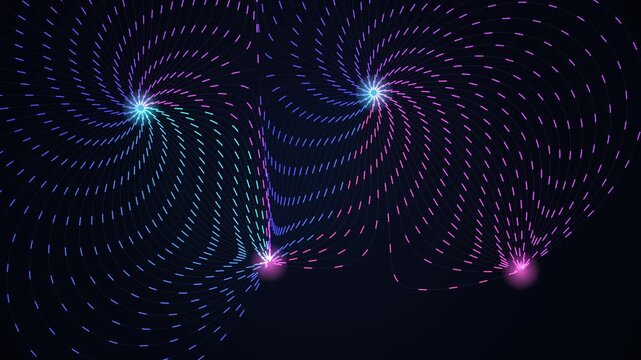 Glowing particles streaming along magnetic field lines between drifting neon poles
