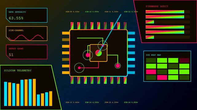 Vulnerability scanning displayed on multiple digital interface panels shows complex circuit board schematics with changing telemetry data and fluctuating bar graphs in a dark laboratory setting