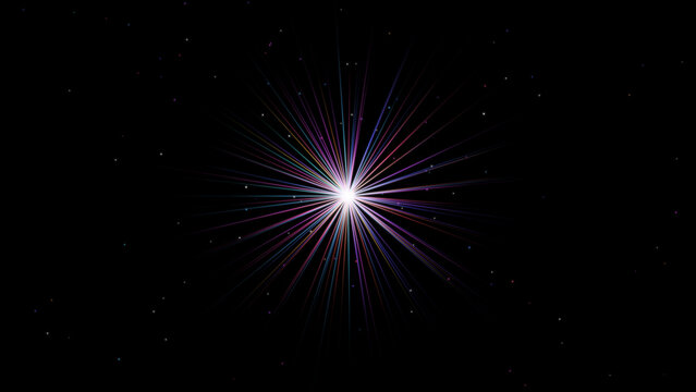 Cosmic starburst explosion with vibrant multicolored light rays. Bright stellar core against a dark deep space background. Astronomy phenomenon and physics concept background for digital design