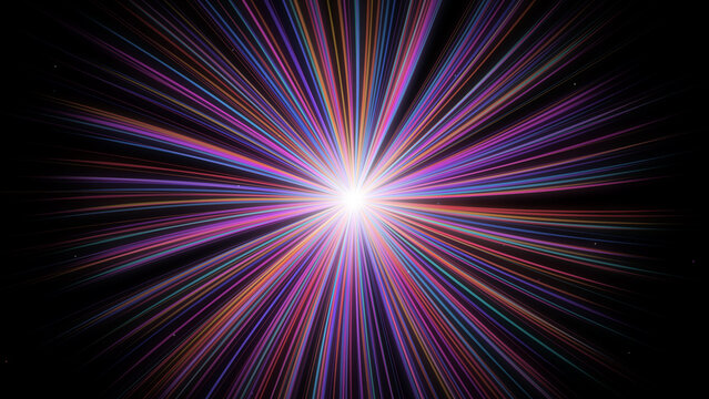 Light burst explosion concept photo. Glowing center with multicolored rays radiating outward in pink and blue lines against a solid black background. Abstract visual effect for digital tech projects