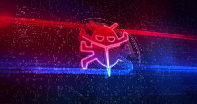 Computer bug cyber attack and security error symbol on abstract digital background. 3d glowing icon cyber technology concept animation.