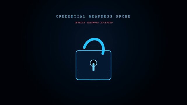 A vulnerability scanning animation sequence shows a blue lock icon slowly opening against a dark backdrop as the system processes the unauthorized digital security access