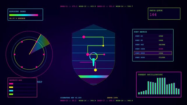 A digital vulnerability scanning interface displays shifting geometric bar charts and neon shield graphics pulsing with glowing cyan and magenta lights in a dark virtual environment