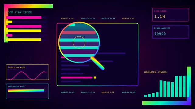 A futuristic interface showing vulnerability scanning processes with neon graphics and data visualizations highlighting code flaws and risk scores across a dark digital screen