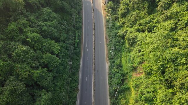 Drone Flies Above Highway Cutting Through Lush Green Forest
