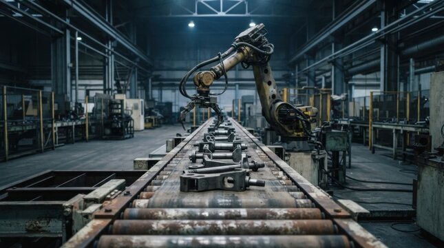 Idle factory assembly line with stopped conveyor belt and frozen robotic arm, symbolizing manufacturing decline and plant closure