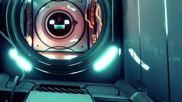 A circular chamber with bright lights is shown in a futuristic setting. The walls have metal and circuitry, and there is a platform in the center of the chamber.