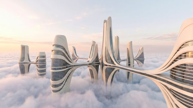 Futuristic curvilinear towers rising above a sea of clouds, linked by elegant sky bridge at sunrise