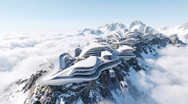 Futuristic white alpine resort on snowy mountain ridge above clouds, with cable car and terraces